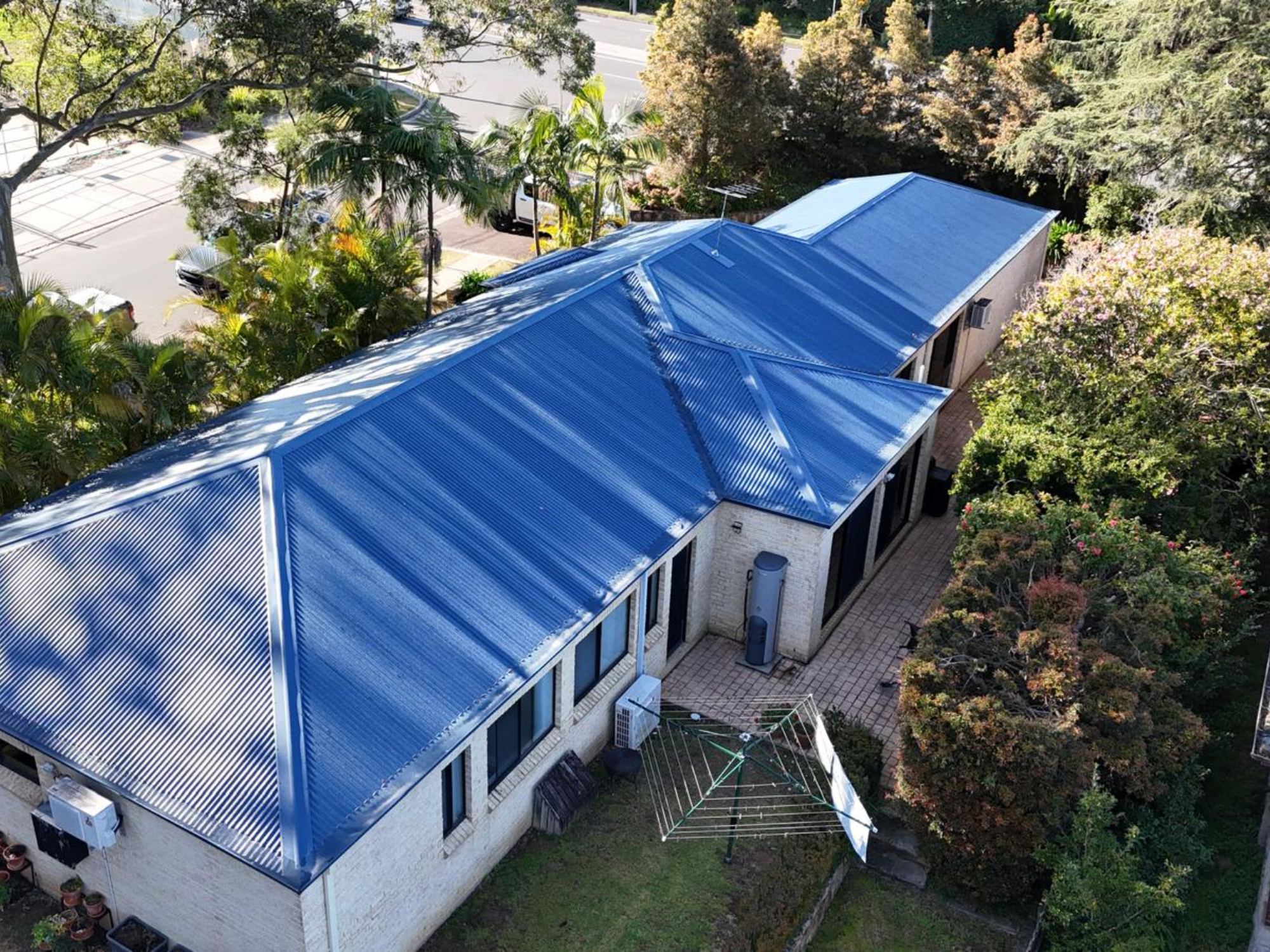 New blue Colorbond roof on a Sydney home, seen from above