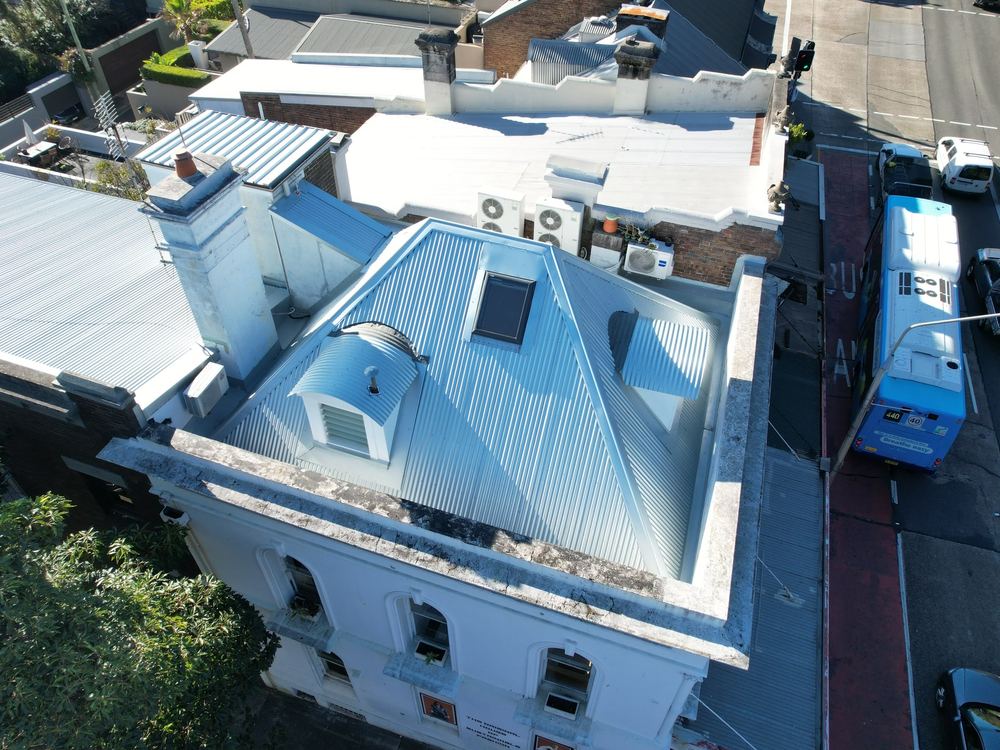 New metal roof on a heritage terrace from above