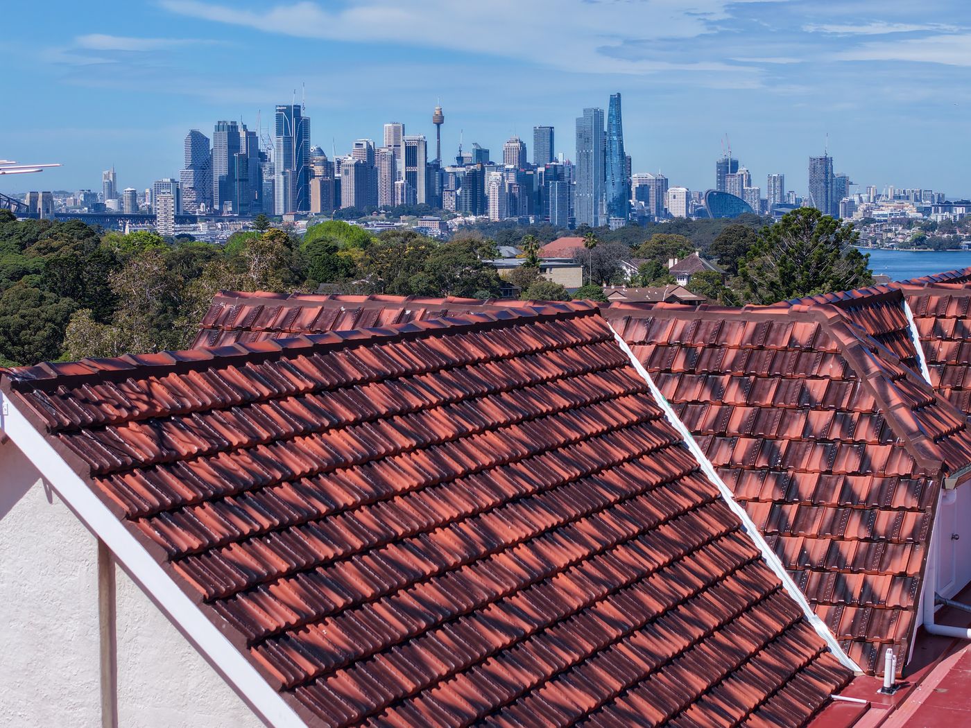 Restored tile roof with the Sydney CBD skyline behind