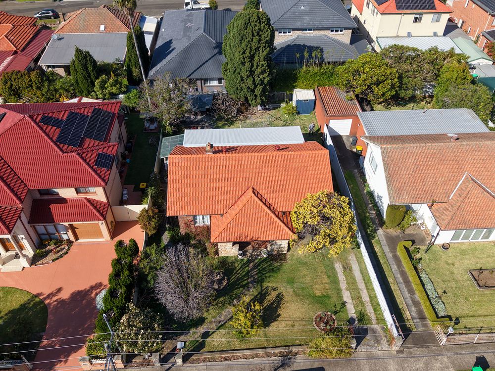Restored orange tile roof seen from a drone