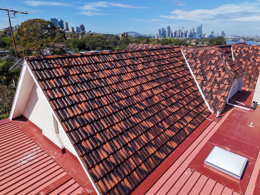 Tiled roof and red metal roof sections with the city skyline behind
